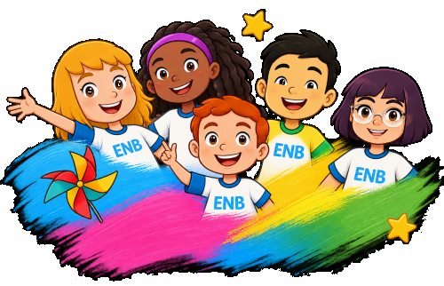 Crianças da Turma do Zeca com camisetas ENB sobre pinceladas coloridas